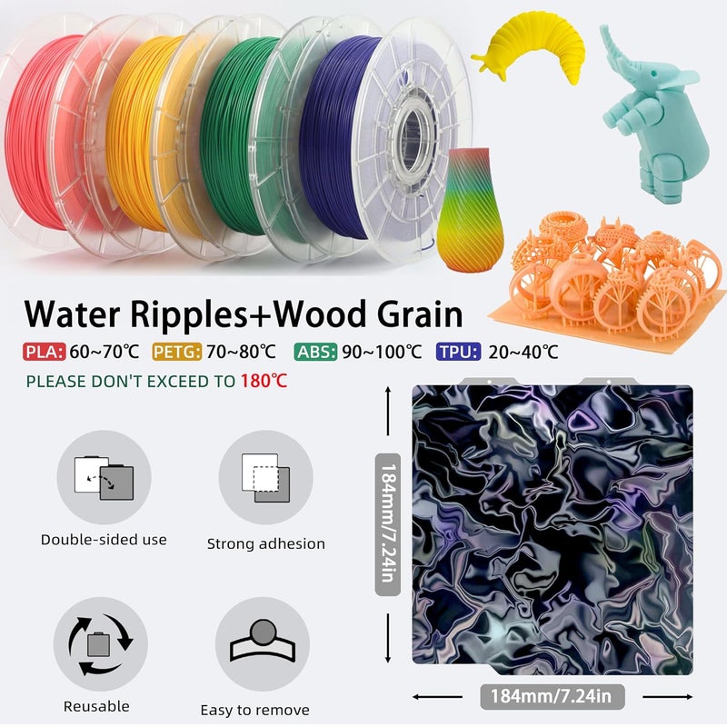 GOMENL Build Plate for Bambu Lab A1 Mini 3D Printer: PEI Build Plate Carbon PET Diamond PEO PEY Plate 3D Printing Accessories Textured Smooth Sheet Bed 184x184mm (Water Ripples+Wood Grain) - Image 3